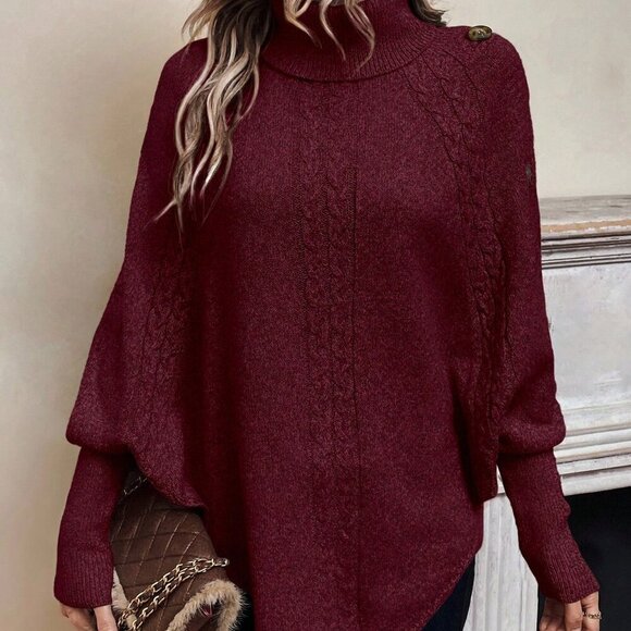 Burgundy Casual Womens Turtleneck Batwing Sleeve Button Detail Poncho Sweater - Picture 5 of 7